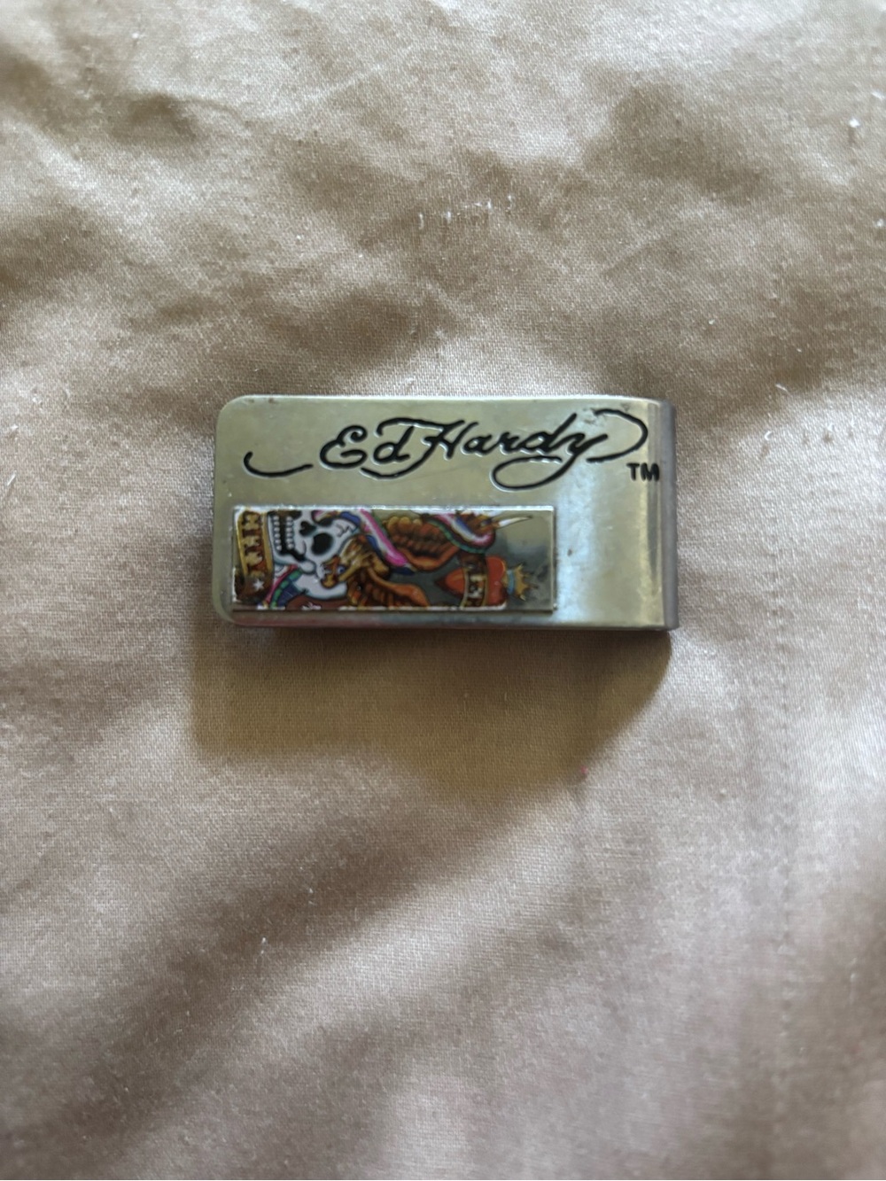 Ed Hardy Silver Money Clip with Multicolor Skull & Snake Graphic